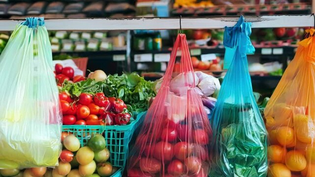 Vibrant produce in plastic bags is hanging at a market stall, showcasing the colors and variety of fresh food available - Powered by Adobe