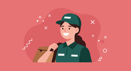 a person wearing a green uniform and cap, smiling and holding a brown bag. Suitable for landing page, banner, marketing, web design, presentation, infographic, etc.