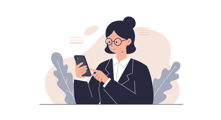 a woman in a business suit using a smartphone, with a neutral background and stylized elements. Suitable for landing page, banner, marketing, web design, presentation, infographic, etc.