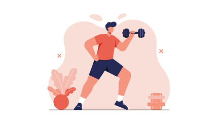 a man in a red shirt and blue shorts, lifting a dumbbell, with a plant and a fire hydrant in the background. Suitable for landing page, banner, marketing, web design, presentation, infographic, etc.