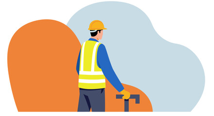 A construction worker, wearing a yellow safety vest and hard hat, stands on a construction site, holding a tool, with an orange and blue background.