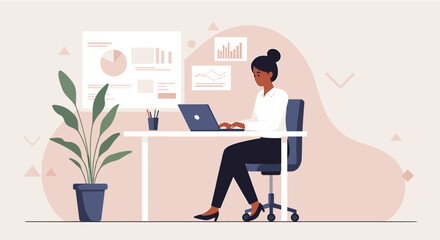 A professional woman works diligently on her laptop at a modern desk, surrounded by data charts and a potted plant, signifying productivity and success.