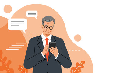 a man in a suit and glasses standing and looking at his smartphone, with speech bubbles above him. Suitable for landing page, banner, marketing, web design, presentation, infographic, etc.