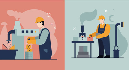 The image presents two stylized illustrations of workers in a factory setting. Suitable for landing page, banner, marketing, web design, presentation, infographic, etc.