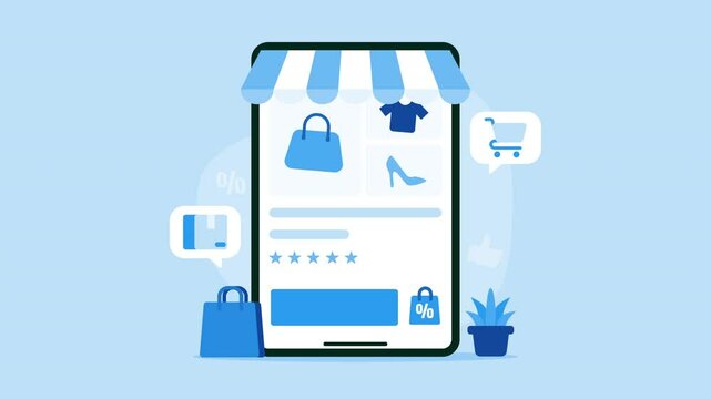 Ecommerce mobile animation vector product catalog with diverse items. Suitable for digital marketing, online shopping, and technology concepts.