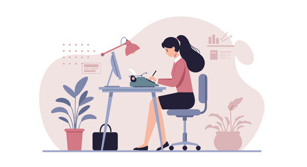 A focused woman works diligently at her desk, typing on a vintage typewriter and computer, surrounded by office plants.