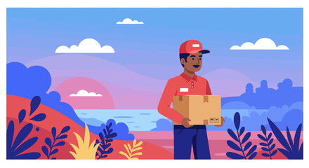 A friendly delivery man in a red uniform holds a package, standing in a vibrant, stylized outdoor landscape with a serene body of water.