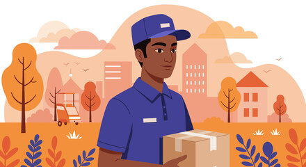 Delivery service concept illustration featuring a young man in a blue uniform carrying a package in a stylized urban landscape with warm, autumnal tones.