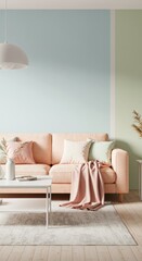 Elegant Light Pink Sofa in Modern Living Room with Soft Pastel Decor