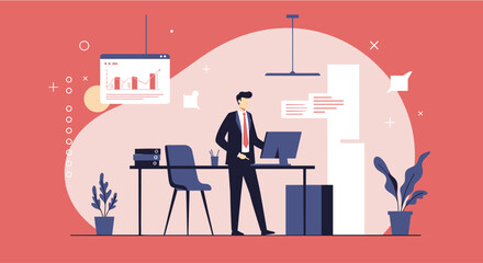 A professional businessman in a modern office setting stands at his desk, working diligently on a computer with data charts in the background.