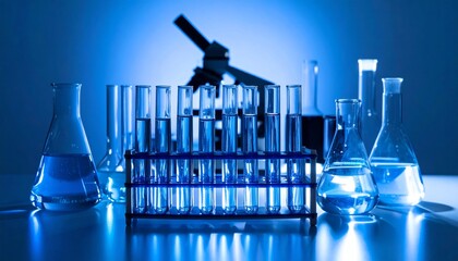 Serie de tubos de ensayo con iluminación azul sobre superficie metálica, composición de laboratorio con enfoque en formas cilíndricas y reflejos