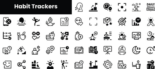 A compilation of black and white icons representing various habit trackers for fitness, health, and wellness, ideal for personal development and productivity.