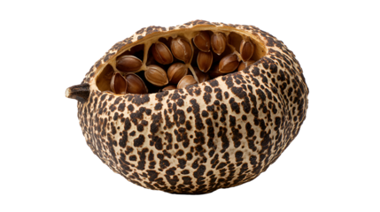 Opened seed pod revealing brown seeds leopard print exterior