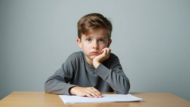 Thoughtful Young Boy Sitting at Desk, Pensive Expression, High-Resolution Stock Photo