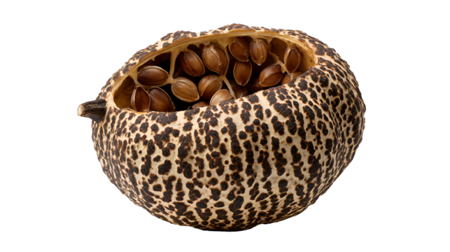 Opened seed pod revealing brown seeds leopard print exterior