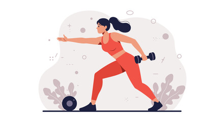 A sporty woman in red sportswear is doing exercises with dumbbells, stretching her arm forward in a fitness routine against an abstract background.