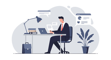 A man dressed in a suit is seated at a desk, working on a laptop with a briefcase beside him. Suitable for landing page, banner, marketing, web design, presentation, infographic, etc.