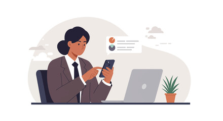 a woman sitting at a desk using a cell phone