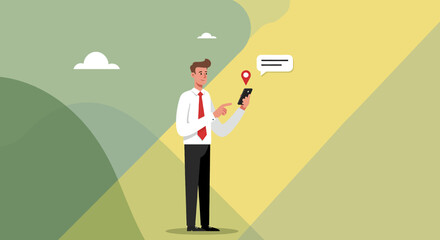 a man holding a phone and looking at a speech bubble