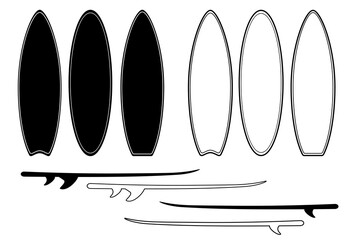 Surfboard icon set, Surf board vector set, on white background. black silhouette of surfboard. flat style vector illustration design.