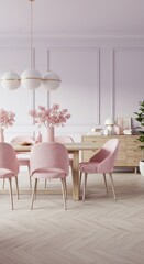 Elegant Pink Dining Room with Modern Chandelier and Soft Decor in Bright Home Setting