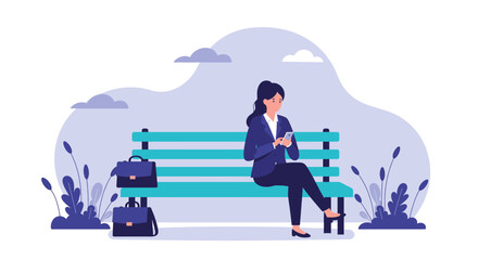 A woman dressed in a business suit is seated on a blue park bench, engrossed in her phone. Suitable for landing page, banner, marketing, web design, presentation, infographic, etc.