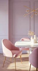 Elegant Pink Velvet Dining Chairs Around Marble Table in Modern Pastel Room
