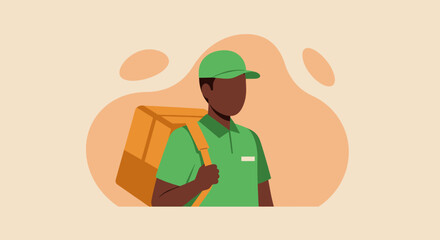 a delivery person wearing a green cap and shirt, carrying a large brown package. Suitable for landing page, banner, marketing, web design, presentation, infographic, etc.