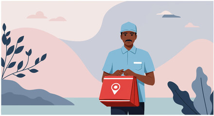 A delivery man in uniform stands against an abstract landscape backdrop, holding a red takeout bag, symbolizing modern convenience and efficient service.