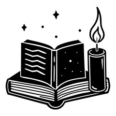 Silhouette art of a candle burning next to an open book—ideal for educational posters, antique themes, or magical book corners.