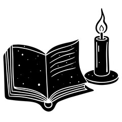 Minimalist silhouette of an open book with candle—perfect for fantasy lovers, dark academia art, or vintage-themed posters.

