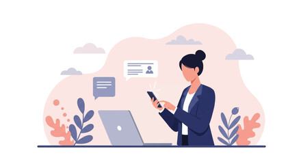 a woman in a business suit using a smartphone, with a laptop and plant-like elements in the background. Suitable for landing page, banner, marketing, web design, presentation, infographic, etc.