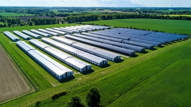 Aerial view rows of modern poultry sheds and barns in a green field, some covered in solar panels for alternative energy.