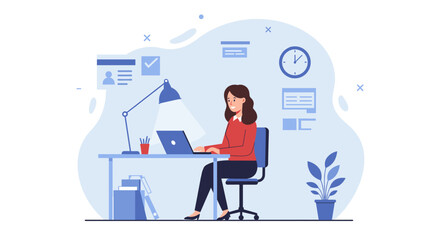A dedicated woman in a modern flat illustration style works diligently on her laptop at a home office desk, surrounded by abstract digital icons.
