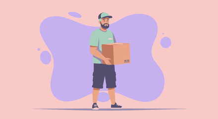 a man wearing a cap and holding a cardboard box, standing against a pink background with circular shapes. Suitable for landing page, banner, marketing, web design, presentation, infographic, etc.
