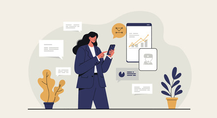 a woman in a suit standing next to a phone