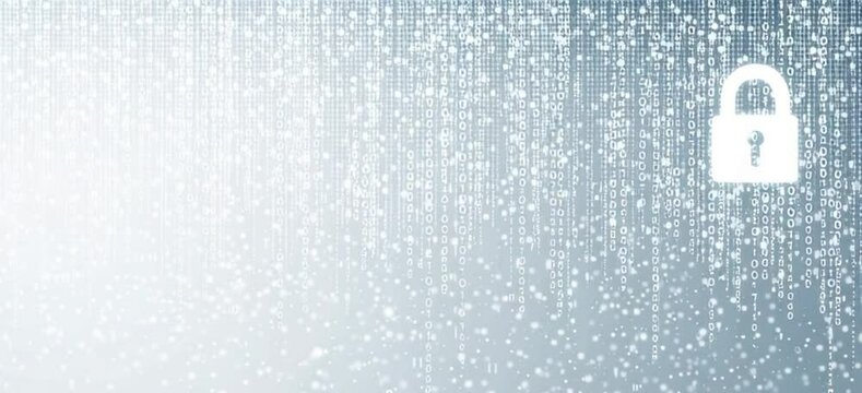 Cybersecurity banner background with a padlock and binary code vector illustration, in white color with a blue-grey gradient on a white background Generative AI