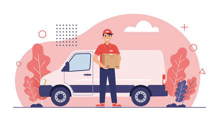A cheerful delivery man in a red uniform stands in front of a white van, holding a cardboard box, set against a stylized pink and white background.