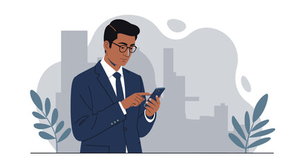 a man in a suit and glasses standing outdoors, focused on his smartphone, with a cityscape in the background. Suitable for landing page, banner, marketing, web design, presentation, infographic, etc.