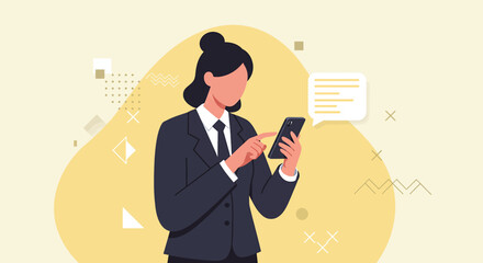 a woman dressed in a business suit, holding a smartphone, with a chat bubble containing text on her screen. Suitable for landing page, banner, marketing, web design, presentation, infographic, etc.