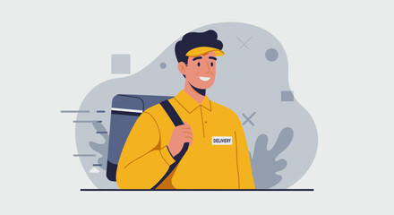 A delivery man with a yellow shirt and a black cap is carrying a blue bag on his shoulder, symbolizing fast and efficient service, on a light background.