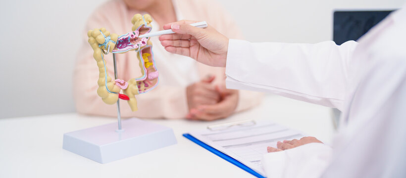 Elderly woman Patient consultation with doctor for Colon disease, Large Intestine, Colorectal cancer, Ulcerative colitis, Diverticulitis, Irritable bowel syndrome, Digestive system and Healthcare