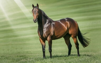Fototapeta premium Majestic Brown Horse in Lush Green Meadow Under Sunlight