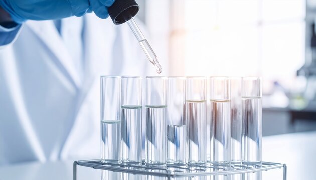 Manos llenando tubos de ensayo con l&iacute;quido azul, imagen din&aacute;mica de laboratorio enfocada en an&aacute;lisis, precisi&oacute;n y procesos cient&iacute;ficos