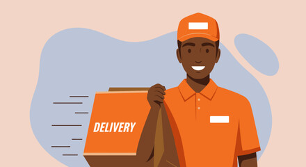 a delivery person in an orange uniform holding a cardboard box with the word 