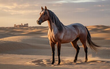 Majestic Arabian Horse Stands Proudly in Desert Landscape with Ancient Ruins