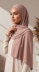 Elegant Young Woman Wearing Beige Hijab and Long Sleeve Dress in Modern Indoor Setting