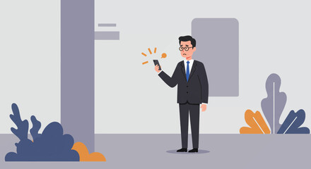 a man in a suit is standing in front of a door and looking at a light bulb