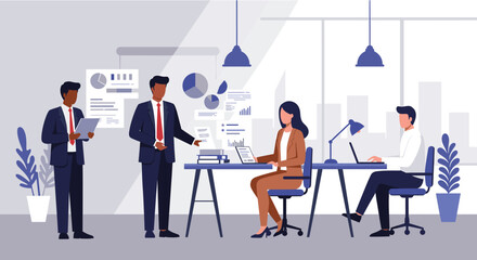 a business office scene with four individuals engaged in work activities. Suitable for landing page, banner, marketing, web design, presentation, infographic, etc.