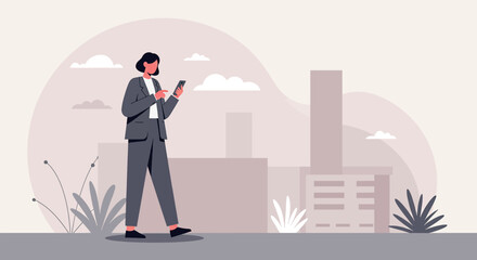 a person in a business suit walking and using a mobile phone. Suitable for landing page, banner, marketing, web design, presentation, infographic, etc.